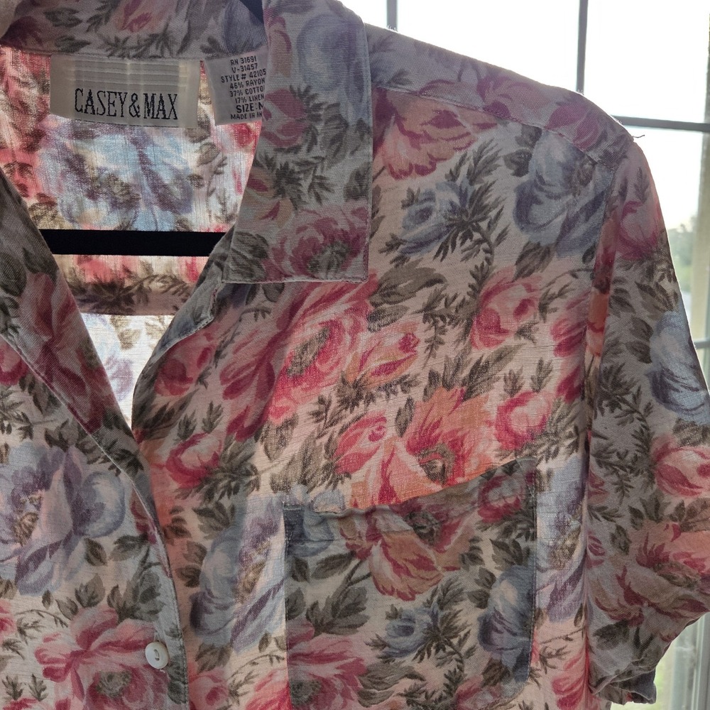 Vtg 70s 80s Womens M Linen Blend Floral Button Down Short Sleeve Shirt Pastel - Picture 4 of 7